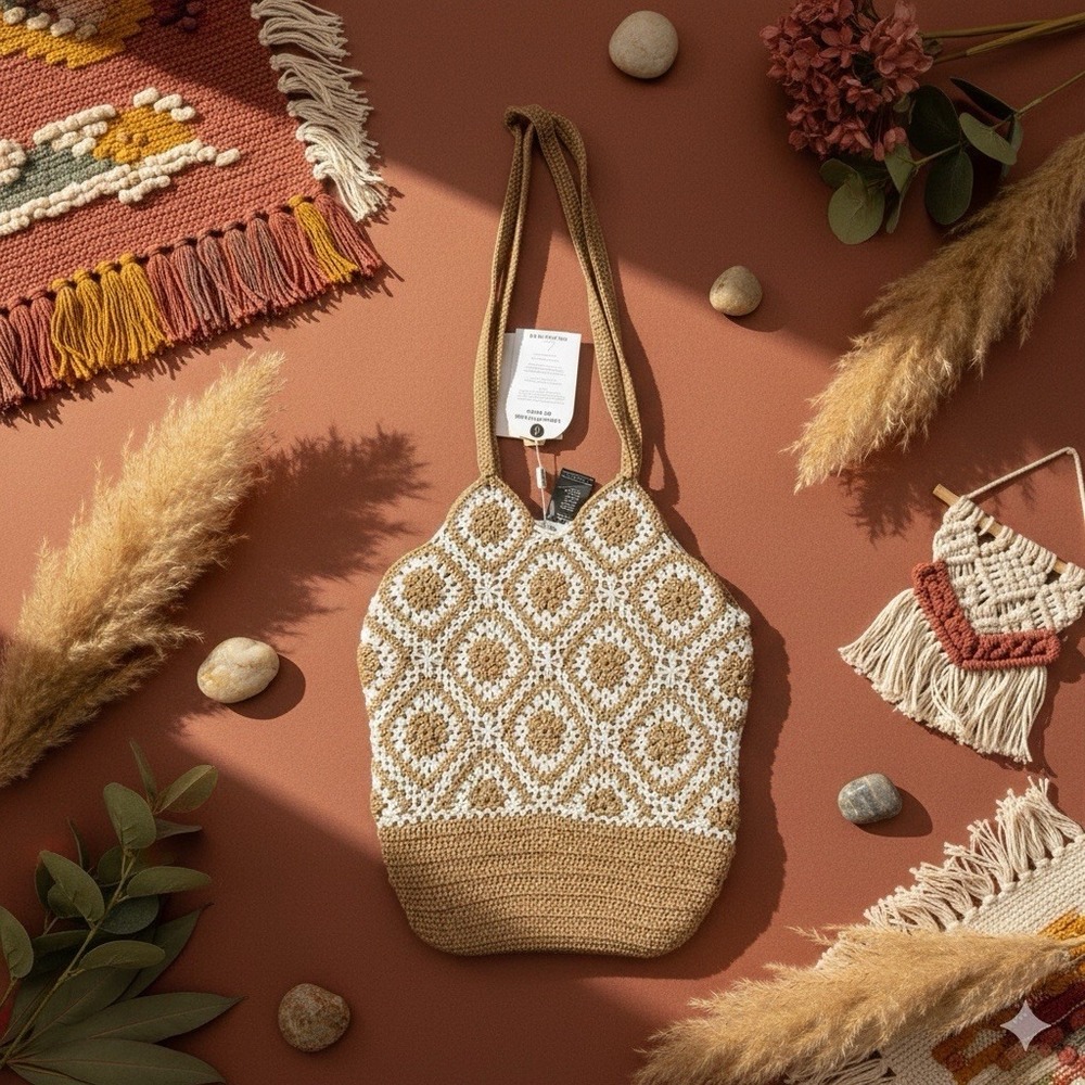NWT Urban Originals Crochet Handbag Tote Brown Ivory‎ Handcrafted Boho Indie